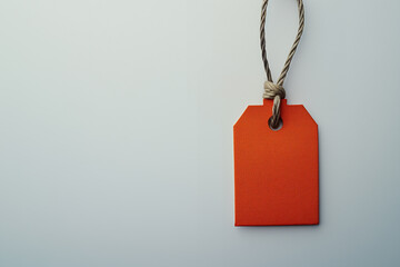 Bright orange paper tag with twine rope on neutral gray background with copy space. Banner for sale announcements and retail theme