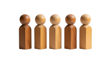 Wooden human figures with diverse skin tones standing in a row, symbolizing equality and inclusion..