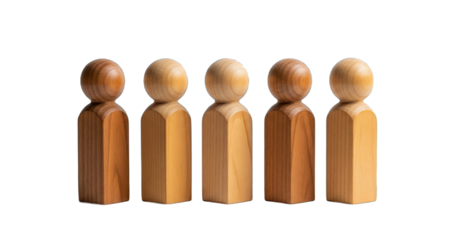 Wooden human figures with diverse skin tones standing in a row, symbolizing equality and inclusion..