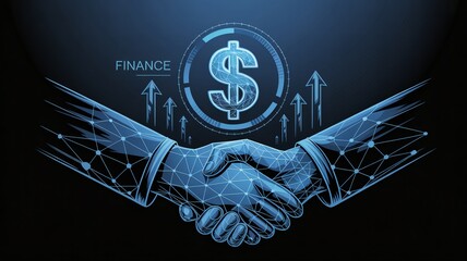 Successful financial partnership forming with digital network handshake and growing currency symbols symbolizing wealth and prosperity