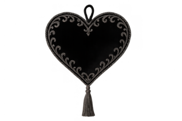 Black velvet heart ornament with grey embroidery and tassel, love, romance, gothic style concept