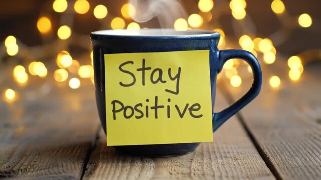 Blue coffee mug with 'Stay Positive' note against bokeh lights