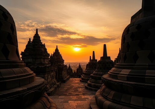 Ancient buddhist stupas at borobudur temple complex during a vibrant sunset