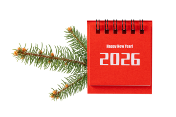Red paper 2026 desk calendar isolated on white background. Happy New 2025 Year concept.