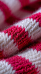Knitted scarf macro with candy-cane stripes and high micro-contrast