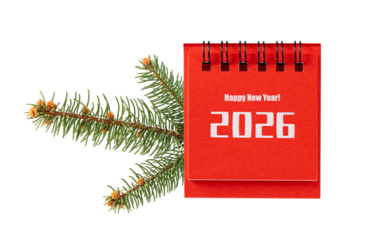 Red paper 2026 desk calendar isolated on white background. Happy New 2025 Year concept.