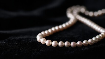 luster. A single strand of pearls arranged in curves on black velvet with soft lighting. lifestyle magazines, social media lookbooks, designed for lifestyle magazines and social media content.