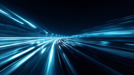 Bright cyan light trails streak through a dark environment suggesting rapid motion