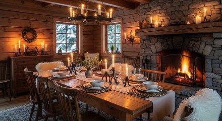 Cozy dining room in a log cabin with a fireplace and candles creating a warm and inviting atmosphere
