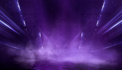 Dark street, asphalt abstract dark blue background, empty dark scene, neon light, spotlights The concrete floor and studio room with smoke float up the interior texture for display products