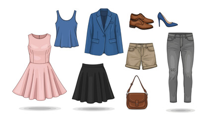 Stylish women's fashion apparel collection with dress, jacket, and accessories