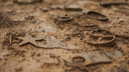 insignia. Crushed military insignia lies in mud amid scattered footprints, earthy tones. ESG reports, sustainability campaigns, designed for environmental awareness campaigns.