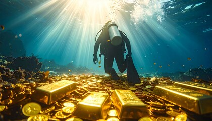 Scuba diver discovering underwater gold treasure