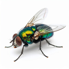 Fototapeta premium Macro green bottle fly isolated on white, metallic iridescent body, transparent wings, fine legs