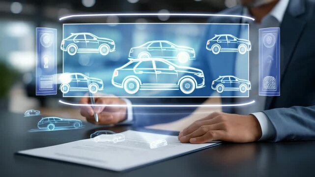 Business professional signing auto insurance policy contract at sleek office counter while digital holograms show cars, roads, and coverage symbols, representing mobility protection and financial