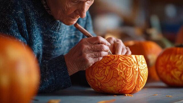 Senior artisan intricately carves a decorative autumn pumpkin, creating detailed patterns by hand for seasonal decor.