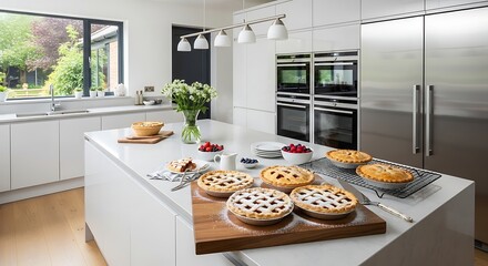 Freshly baked pies and berries displayed on a modern kitchen island ready for a delightful gathering
