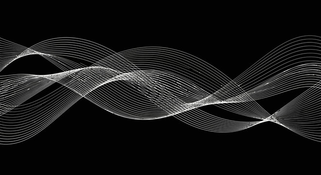 Abstract monochrome composition with intertwining white wave lines on a black background