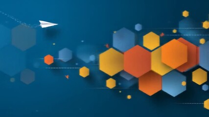Dynamic abstract blue background with colorful geometric hexagons and a flying paper airplane, symbolizing innovation, communication, and digital ideas. - Powered by Adobe