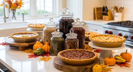 Festive autumn display of pies gourds and glass jars on a bright kitchen countertop scene