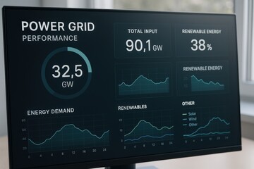 smart grid distribution management concept. Power grid performance data displayed on a monitor.