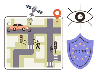 GPS satellite tracking car on map, alerting pedestrian crossing, traffic light sensors, privacy shield, and clock eye. Ideal for smart city, technology, safety, surveillance navigation privacy