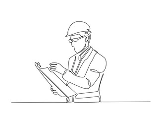 Engineer Reading Blueprint outline draw illustration. Continuous line art drawing of architect or engineer reading blueprint for construction. Editable stroke.