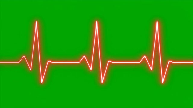 Neon glowing heartbeat pulse wave moving across an electronic green screen background