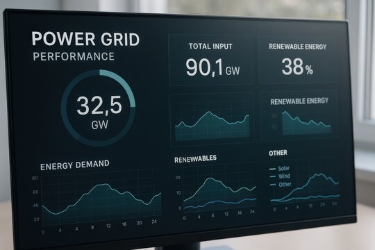 smart grid distribution management concept. Power grid performance data displayed on a monitor.