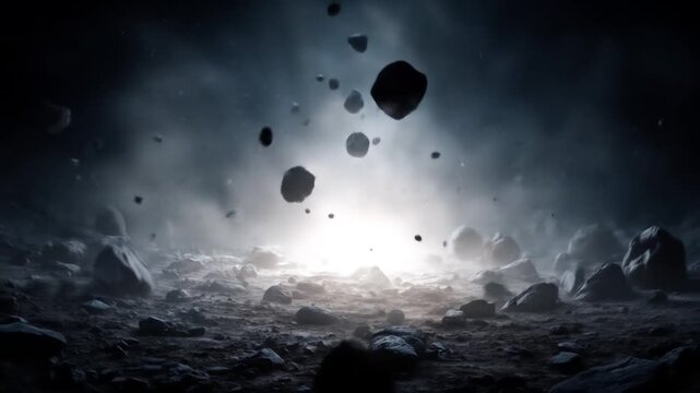 Ethereal dark space scene with floating rocks and glowing light, mysterious cosmic debris field on an abstract background