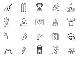 Simple linear cricket icons for website interface, including pitch, wicket, batsman, bowler, trophy, gloves, minimal stroke width, consistent outline look