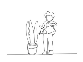 Boy watering the plant outline draw illustration. Continuous line art drawing of child character watering the plant. Editable stroke.