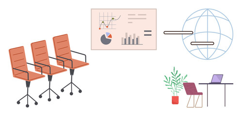 Three office chairs, presentation chart with graphs, globe indicating global connection, desk with laptop, and a plant in a pot. Ideal for teamwork, workplace, presentation, collaboration global