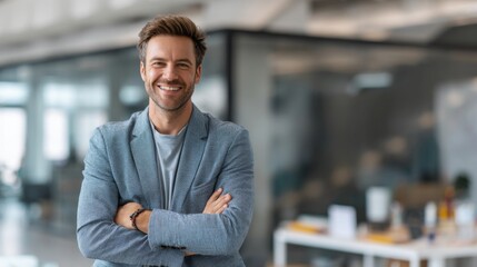 Obraz premium Confident young man in business attire smiling in modern office environment with bright natural light creating a welcoming atmosphere for productivity