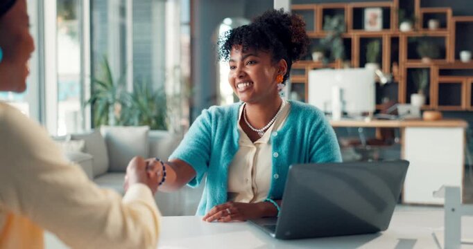 Woman, handshake and interview at office for hiring, welcome or excited for onboarding at startup. People, human resource manager and shaking hands for deal, thanks or recruitment at creative agency