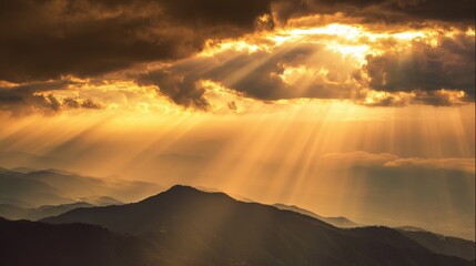 bedrock. Golden light breaking through clouds over a majestic mountain peak. travel magazines, destination branding, designed for outdoor magazines and nature guides and travel destination branding.
