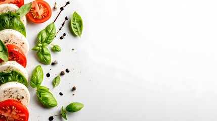 Top view of caprese salad with balsamic drizzle, basil and mozzarella circles, minimalist white background with copy area 