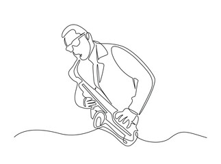 Man playing saxophone outline draw illustration. Continuous line art drawing of Saxophonist Perfomance. Editable stroke.