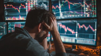 Frustrated Trader Analyzing Financial Charts on Multiple Screens in a Dimly Lit Office During Market Downturn and Economic Uncertainty