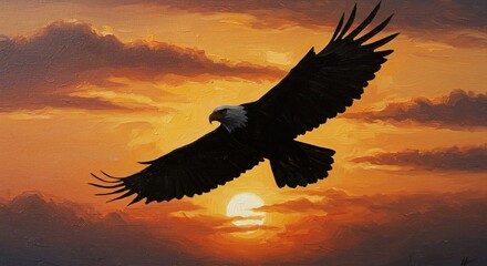Obraz premium An eagle soars in the sky during a vibrant orange sunset , trending, fashion, lifestyle