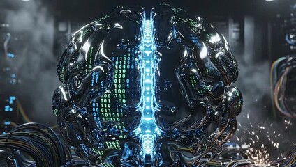 Futuristic AI brain processing complex data in a server room - Powered by Adobe