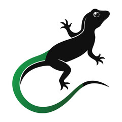 Stylized black lizard with a green tail on a white background