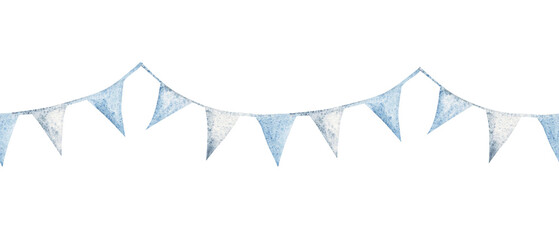 Watercolor blue bunting garland seamless border, pattern. Hand painted baby shower, birthday decoration for boy party, nursery wall print or invitation, cards, templates background. © Tatiana