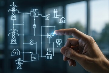 smart grid distribution management concept. A hand interacts with a digital grid of power infrastructure elements.