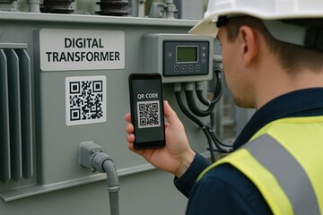 smart grid distribution management concept. Technician scanning QR code on digital transformer equipment.