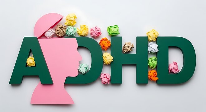 A visual representation of adhd with a head silhouette and crumpled paper