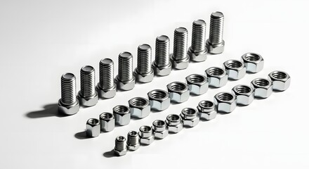 A meticulously arranged collection of metal bolts and nuts displayed in diagonal rows on a clean white background