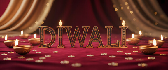 Regal Diwali Text Display: Ornate 3D 'DIWALI' lettering in gold and deep crimson on a circular metallic pedestal, set against rich velvet drapes.