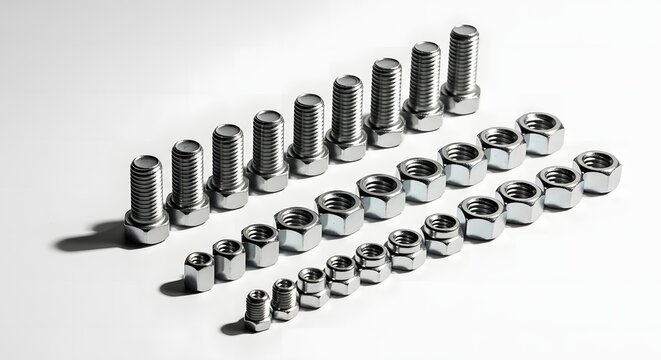 A meticulously arranged collection of metal bolts and nuts displayed in diagonal rows on a clean white background