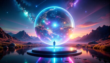 Discover cosmic wonders and explore the universe's vast potential within a dazzling celestial sphere, inspiring awe and imagination.